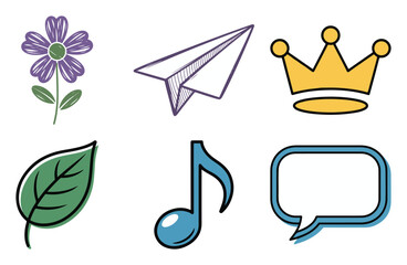 Cute sketch icon set with flower, paper plane, crown, leaf, music note and speech bubble in outlined style, vector