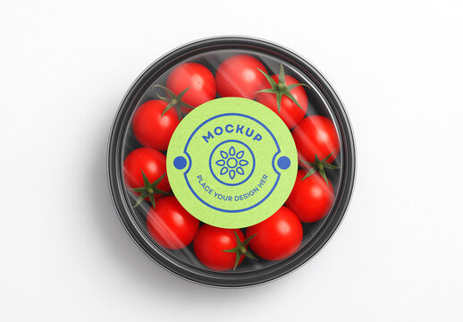 Cherry Tomato Round Plastic Food Container Packaging Mockup with Label