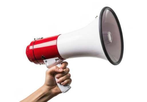 Hand holding red and white megaphone, communication announcement  promotion concept isolated on transparent background