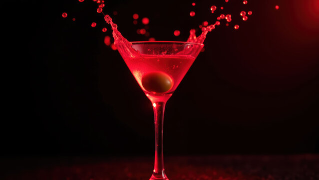Vibrant red cocktail splashes in martini glass, showcasing lively scene of liquid motion and olive garnish