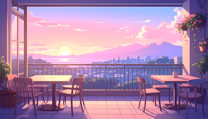 Illustration of a view from a rooftop cafe terrace in a pink-tinted sunset