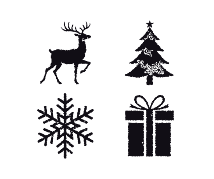 Trendy Christmas Symbols with Snow Flecks Silhouette Set