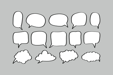 A set of fifteen diverse hand-drawn speech and thought bubbles with a bold, black outline on a gray background. Includes different shapes like clouds, ovals, and squares, ideal for comics and dialogue