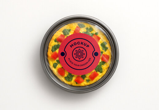 Vegetable Omelette Round Plastic Food Container Packaging Mockup with Label