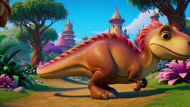 Friendly dinosaur standing in a fantasy landscape with castle towers, t rex
