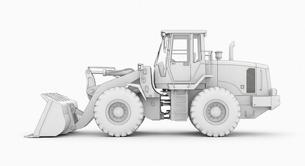 Naklejka premium Detailed 3d render of a white front loader construction vehicle with bucket and large tires