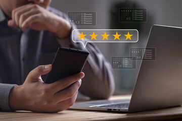 Close-up of man using smartphone with five star rating and review icons, representing customer feedback, online reputation, user experience, business review system, and digital marketing concept.