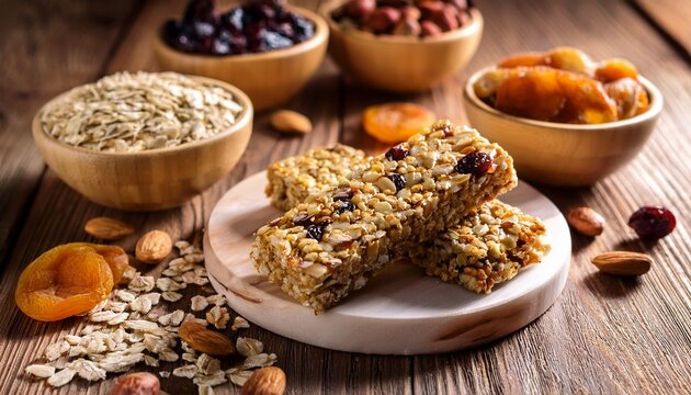 healthy snack bars made with oats nuts and dried fruits on a rustic wooden surface
