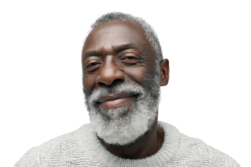 Smiling elderly african male in knit sweater with gray beard, cut out