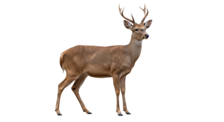 Isolated deer with antlers looking left standing gracefully in a natural pose