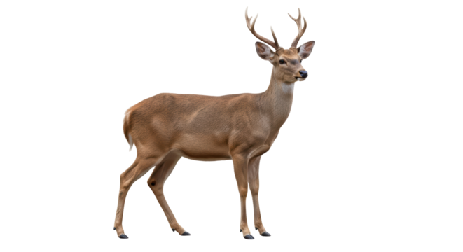 Isolated deer with antlers looking left standing gracefully in a natural pose