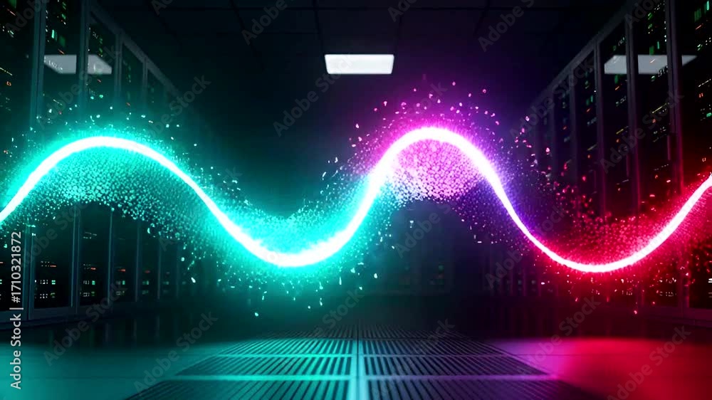 Poster abstract data flow visualization in server room with glowing wave form effect