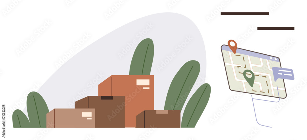 Poster stacked cardboard boxes with green leaves and map interface featuring location markers and chat bubb