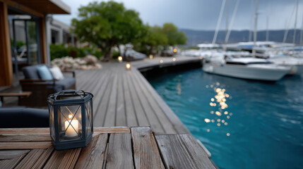 A picturesque seaside boardwalk emerges at dusk, with lanterns illuminating the path and creating a tranquil ambiance that evokes feelings of nostalgia and contemplation.