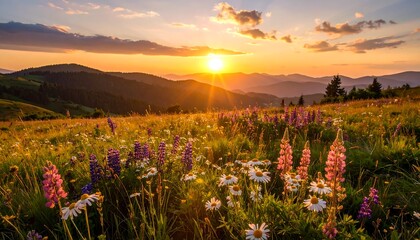 Lush mountain meadow at sunset (1)