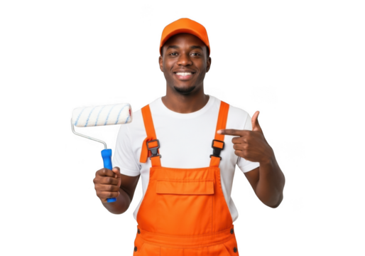 Painter holding roller and pointing isolated on transparent background