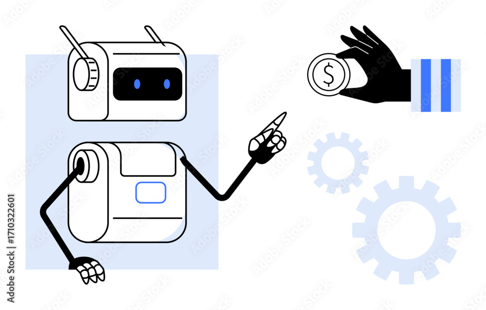 Poster robot receiving coin from human hand with two gear elements, emphasizing automation, ai, and technol
