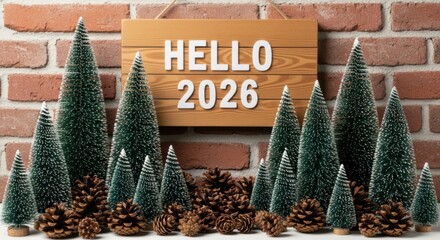 Bottle brush trees and pine cones with hello 2026 sign