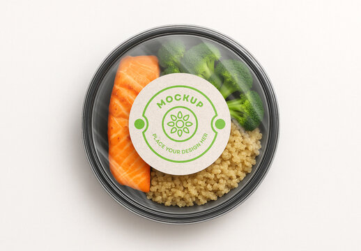 Salmon, Quinoa and Broccoli Bowl Plastic Food Container Packaging Mockup with Label