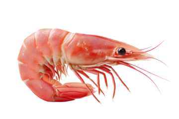 Close-up of a vibrant pink shrimp against a white background, cut out