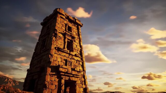Ancient stone tower at sunset