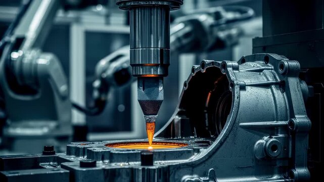 Detailed shot of molten magnesium injection nozzle aligned with gearbox housing die inside automated diecasting cell.
