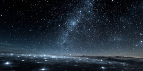 Vast starry night sky and digital grid landscape with mountains