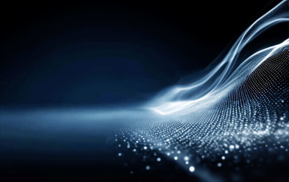 Abstract digital wave pattern with glowing particles on dark background