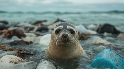 Seal pup amidst ocean plastic pollution.  A poignant image of environmental crisis