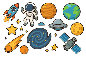 Space cartoon icon set with astronaut, rocket, planet, UFO, and galaxy. Cute cosmic collection for kids. Vector outer space exploration elements. Solar system sticker pack.