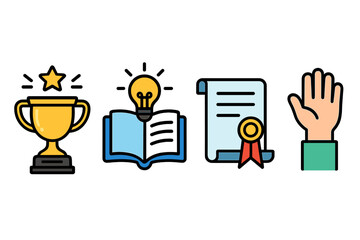 Education and achievement vector icon set. Concepts of learning, success, knowledge, ideas, graduation certificate, and student participation. Modern flat cartoon illustration.