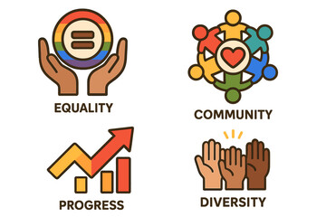 Equality, community, progress, diversity icon set. Vector symbols for social issues, human rights, inclusion, LGBTQ pride. Unity, teamwork and growth concept illustration.