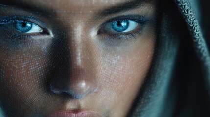 Close up portrait of a woman's face overlaid with a futuristic digital grid network A mysterious and technological image
