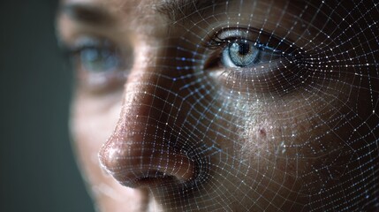 Close up of a Person's Face with a Digital Network Overlay Illustrating Modern Technology and Connectivity