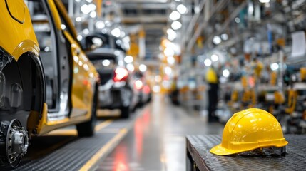 Empty car manufacturing plant with hard hat in foreground and assembly line in background