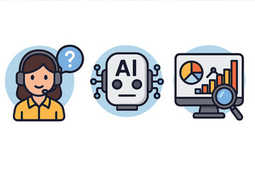 Customer support icon set with AI chatbot and data analytics. Vector illustration of helpdesk operator, artificial intelligence robot, and business intelligence dashboard.