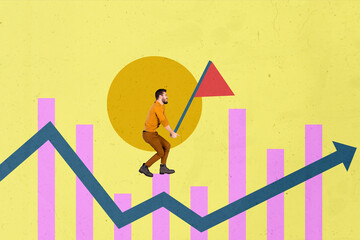 Template sketch collage of target stats analyzing goal business ambition strategy progress leadership young man walk hold flag goal target