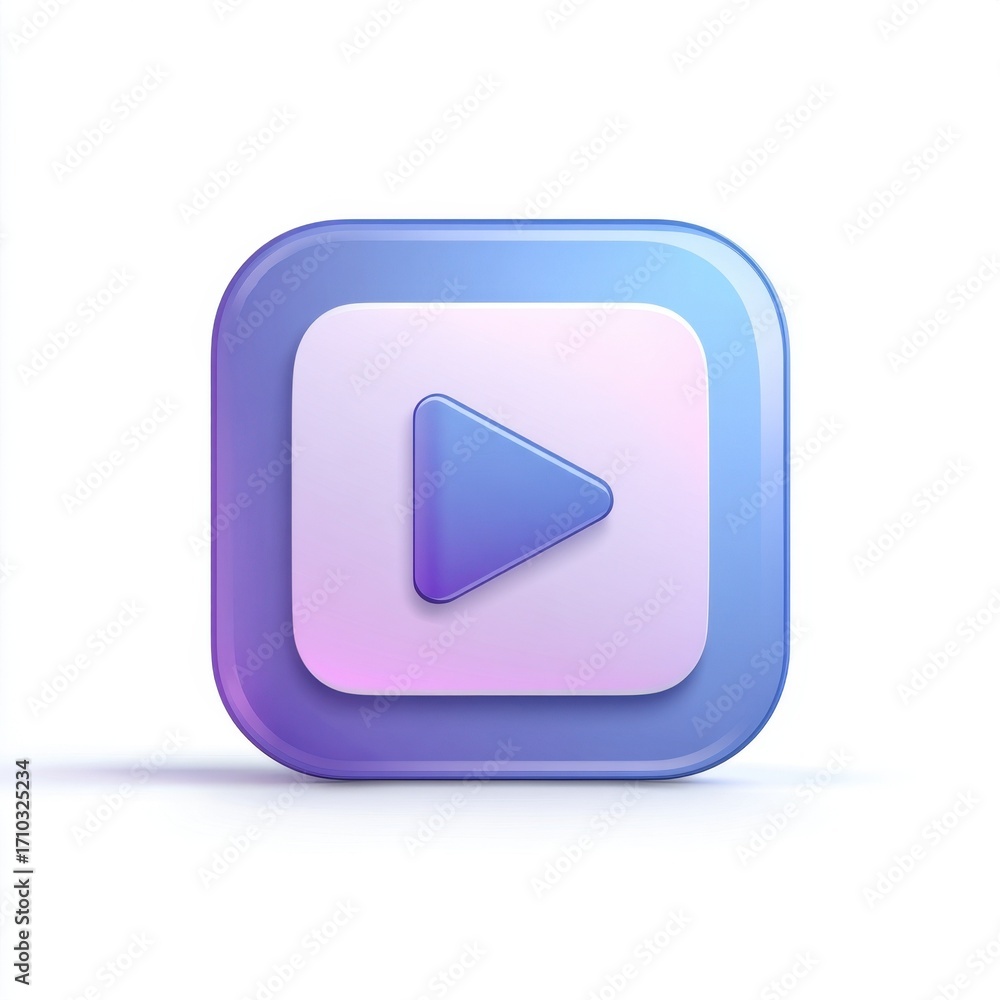 Poster 3d render of a play button icon glossy purple square media player interface element