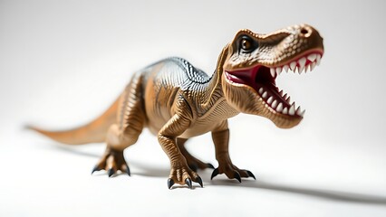 Obraz premium T-Rex figurine isolated on white with dramatic lighting, showcasing detailed textures and fierce presence.