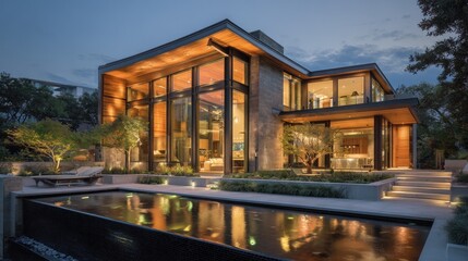 Obraz premium Modern Luxury Home Exterior at Dusk Stunning Architectural Design with Pool and Landscaping