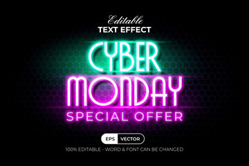 Neon Text Effect Offer Promotion Style. Editable Text Effect Cyber Monday Theme.