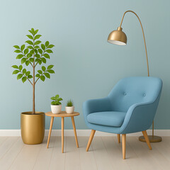 Fototapeta premium Minimalist Modern Reading Corner with Blue Armchair, Golden Floor Lamp, and Indoor Plants