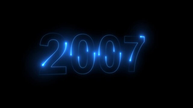Neon glittering 2007 text on reflection festive background, Christmas and new year celebration. Text new year 2007 blue and green neon effect animation, on a black background. 4k