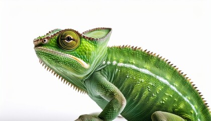 green chameleon isolated on a clean white background detailed skin