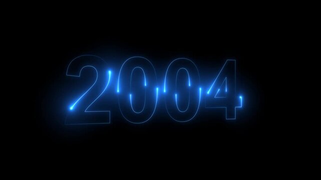 Neon glittering 2004 text on reflection festive background, Christmas and new year celebration. Text new year 2004 blue and green neon effect animation, on a black background. 4k