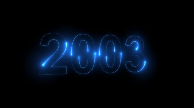 Neon glittering 2003 text on reflection festive background, Christmas and new year celebration. Text new year 2003 blue and green neon effect animation, on a black background. 4k