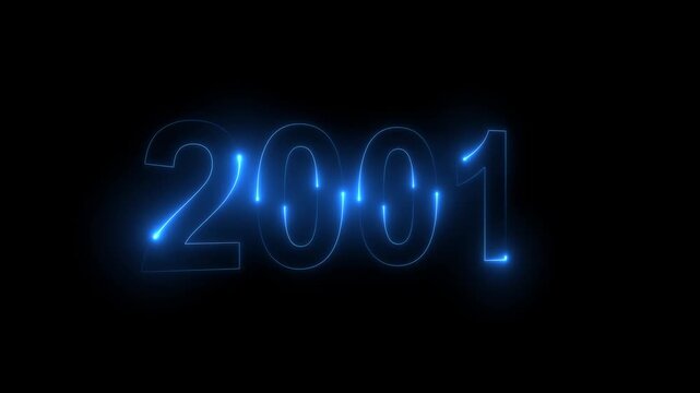 Neon glittering 2001 text on reflection festive background, Christmas and new year celebration. Text new year 2001 blue and green neon effect animation, on a black background. 4k