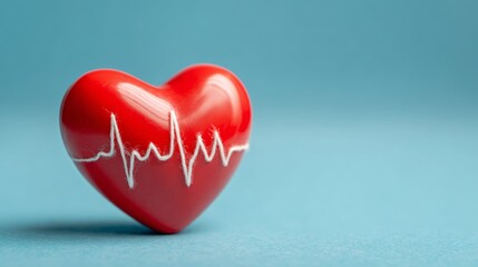 Red heart symbol with white ecg line on blue background