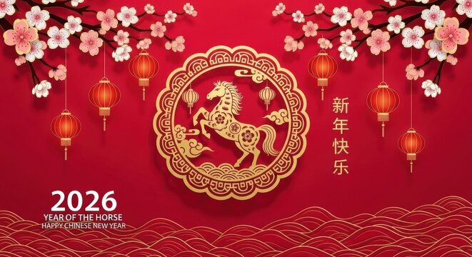 Chinese new year 2026 year of the horse celebration with lanterns and flowers