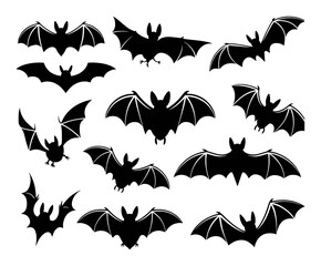 Collection of Black Bat Silhouettes in Various Flying Poses